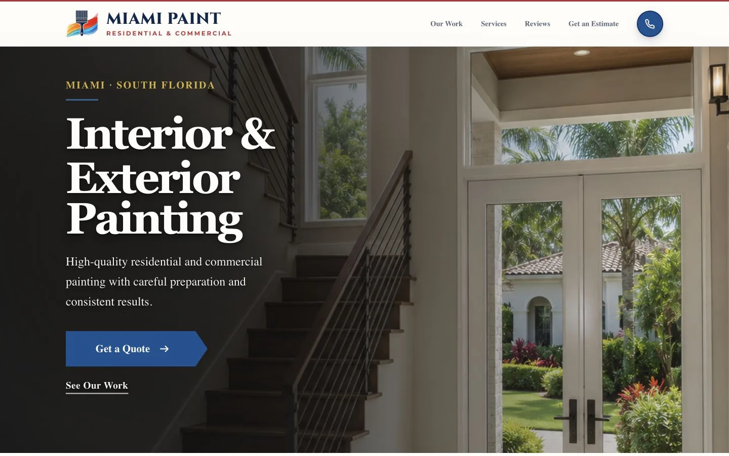 Desktop view of an example painting business website
